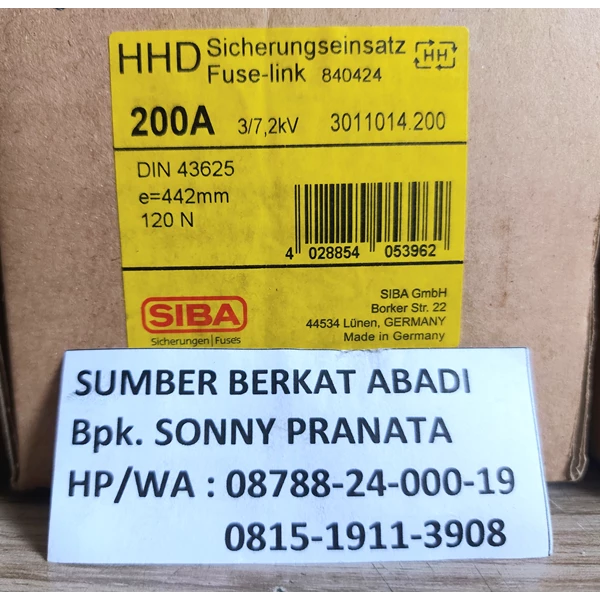 FUSE SIBA 200A 200 A 3/7.2kv 3/7.2 kv 442mm 3011014.200 - GENUINE MADE IN GERMANY