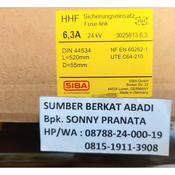 FUSE SIBA 6.3A SIBA 6.3A 24kV D 55MM L 520MM 80N 63 KA 28A PART NUMBER 3025813.6.3 - GENUINE MADE IN GERMANY